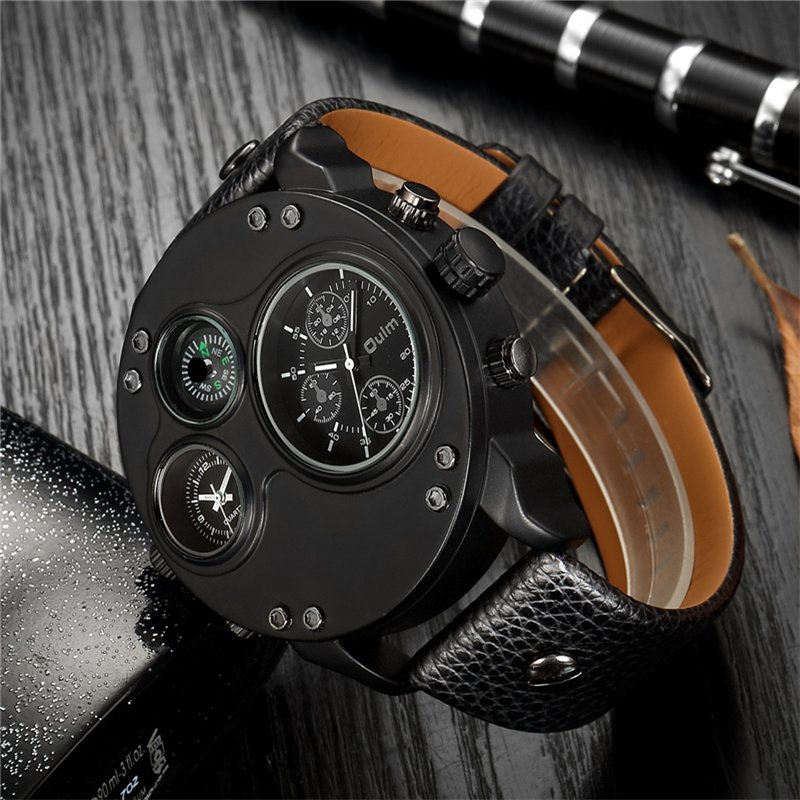 Black Leather Double Time Zone Quartz Watch