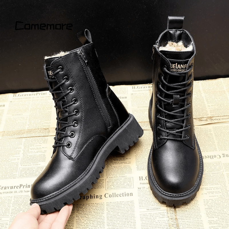 Pia - Black Leather Warm Boots